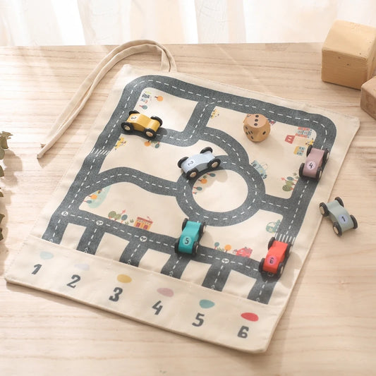 Canvas Road‑Map Game – Wooden Cars, Dice & Parking Mat