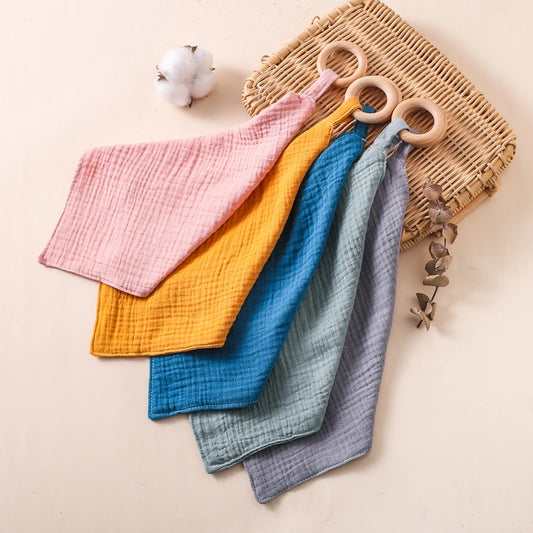 Muslin Baby Teether Comforter – Cotton Security Blanket with Beech Wood Ring