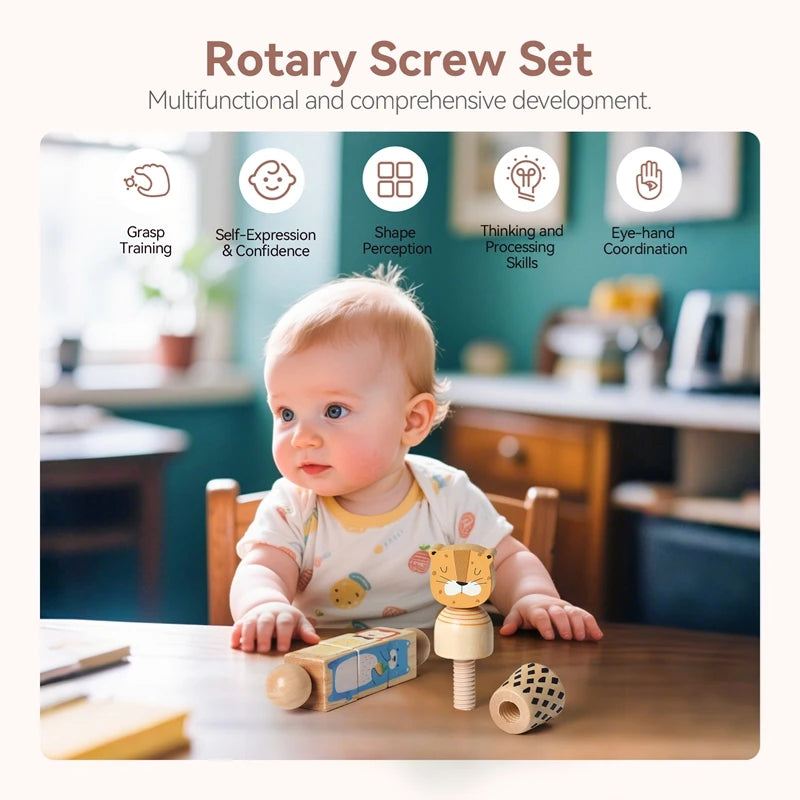 Wooden Baby Puzzle Toys – Spinning Animal Shape Matching Blocks