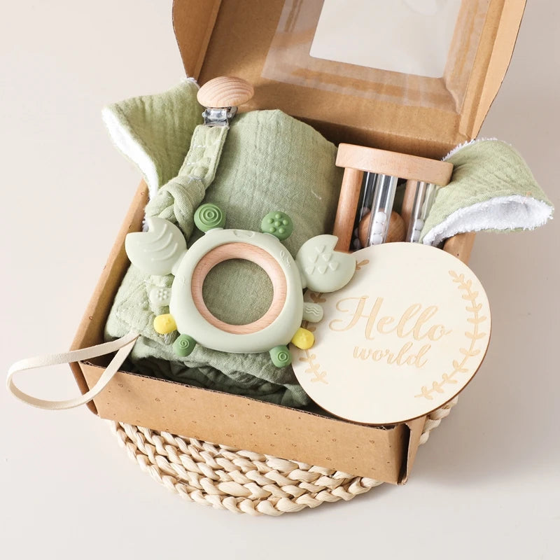 6-Piece Newborn Gift Set – Bath & Sensory Toy Collection with Teether, Towel, and Wooden Rattle