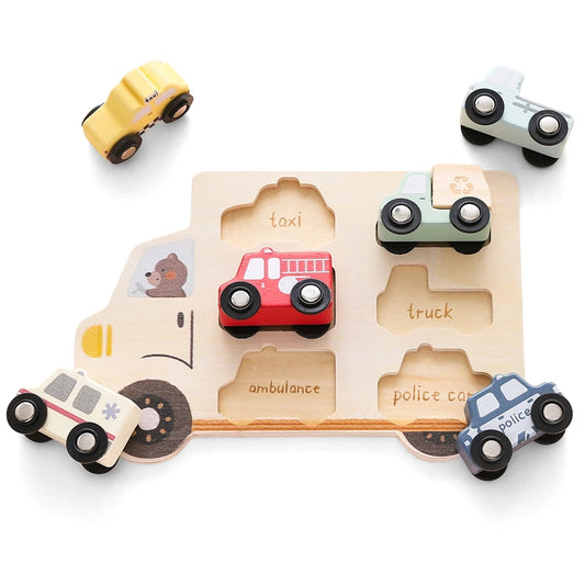 Wooden Vehicle Sorting Puzzle – Rolling Car Matching Board