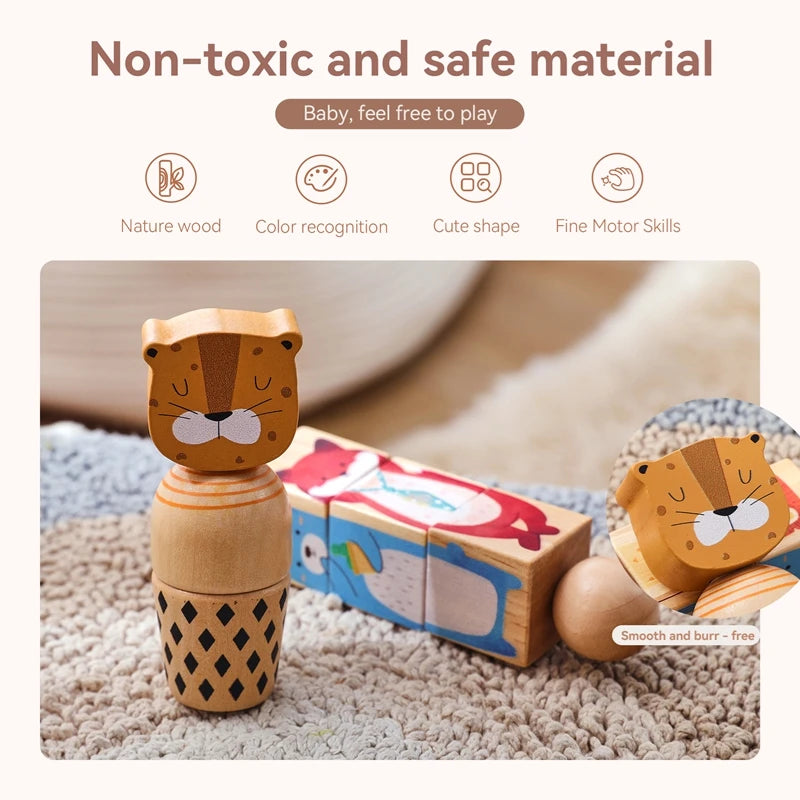 Wooden Baby Puzzle Toys – Spinning Animal Shape Matching Blocks