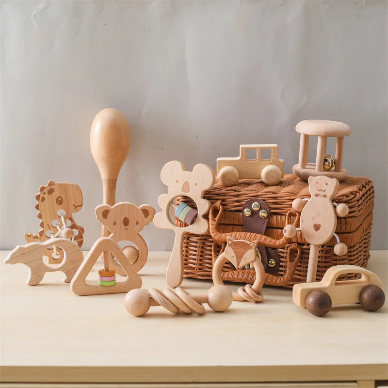 Wooden Baby Rattle Gift Set – Natural Sensory Toys for Infants