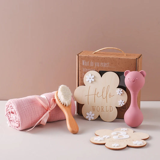 Baby Bath Gift Set – Cotton Towel, Silicone Rattle, Milestone Flower & Wool Brush (Newborn Gift Box)