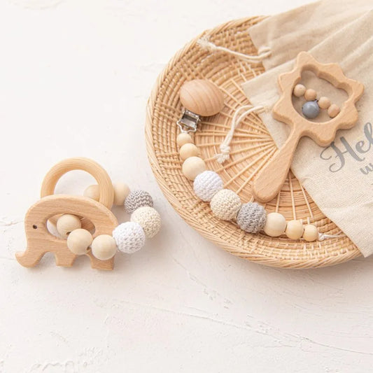 Natural Wooden Baby Sensory Set – Teether, Rattle & Pacifier Clip with Plush Crochet Beads