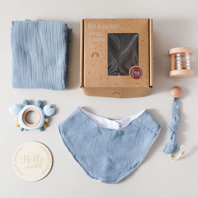 6-Piece Newborn Gift Set – Bath & Sensory Toy Collection with Teether, Towel, and Wooden Rattle