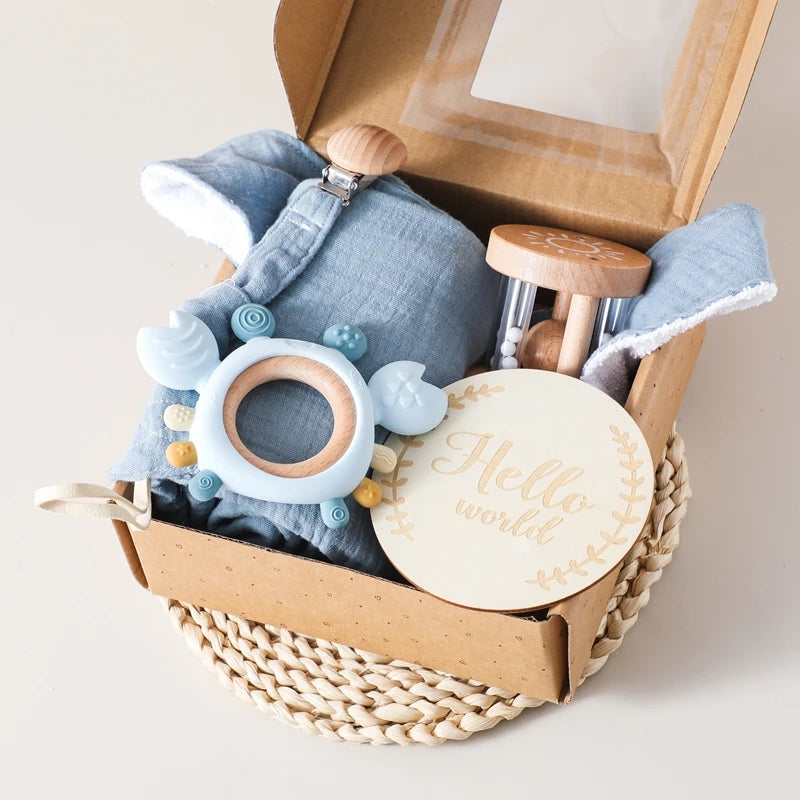 6-Piece Newborn Gift Set – Bath & Sensory Toy Collection with Teether, Towel, and Wooden Rattle
