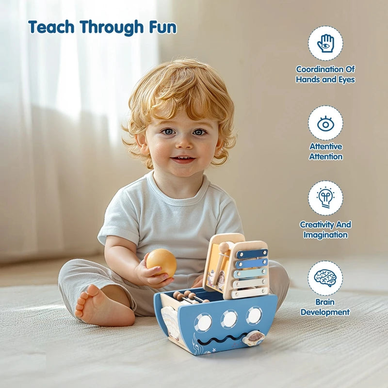 Wooden Ship Activity Toy – Multi-Sensory Music & Fine Motor Learning Toy