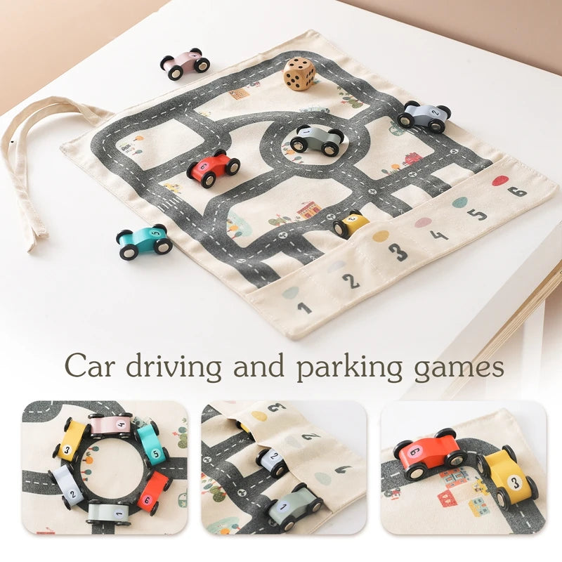 Canvas Road‑Map Game – Wooden Cars, Dice & Parking Mat