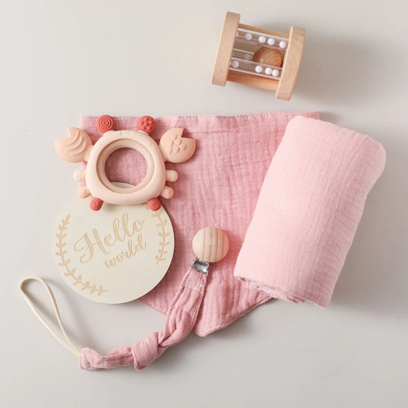 6-Piece Newborn Gift Set – Bath & Sensory Toy Collection with Teether, Towel, and Wooden Rattle