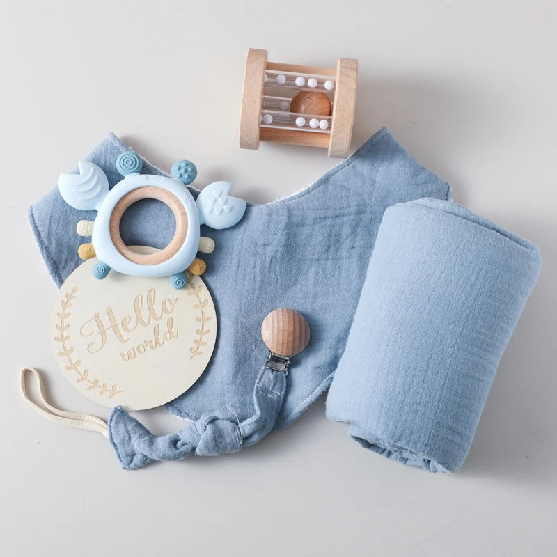 6-Piece Newborn Gift Set – Bath & Sensory Toy Collection with Teether, Towel, and Wooden Rattle
