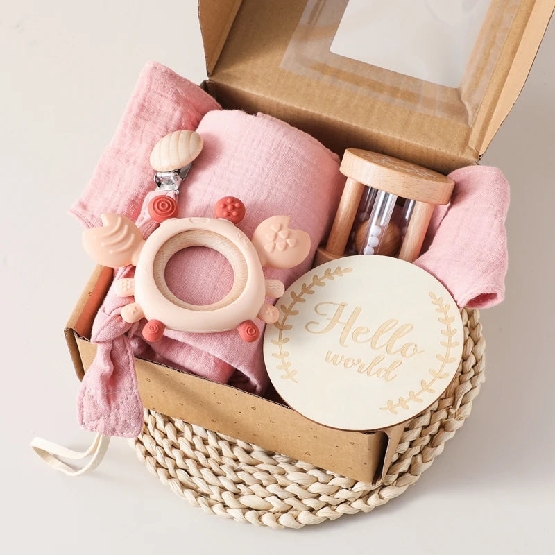 6-Piece Newborn Gift Set – Bath & Sensory Toy Collection with Teether, Towel, and Wooden Rattle
