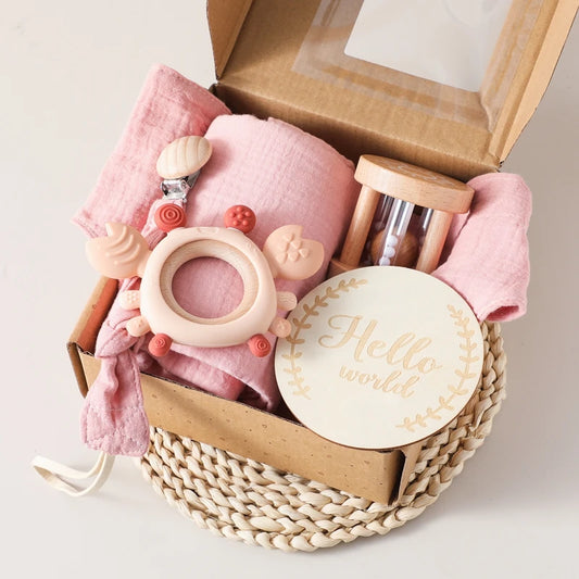 6-Piece Newborn Gift Set – Bath & Sensory Toy Collection with Teether, Towel, and Wooden Rattle