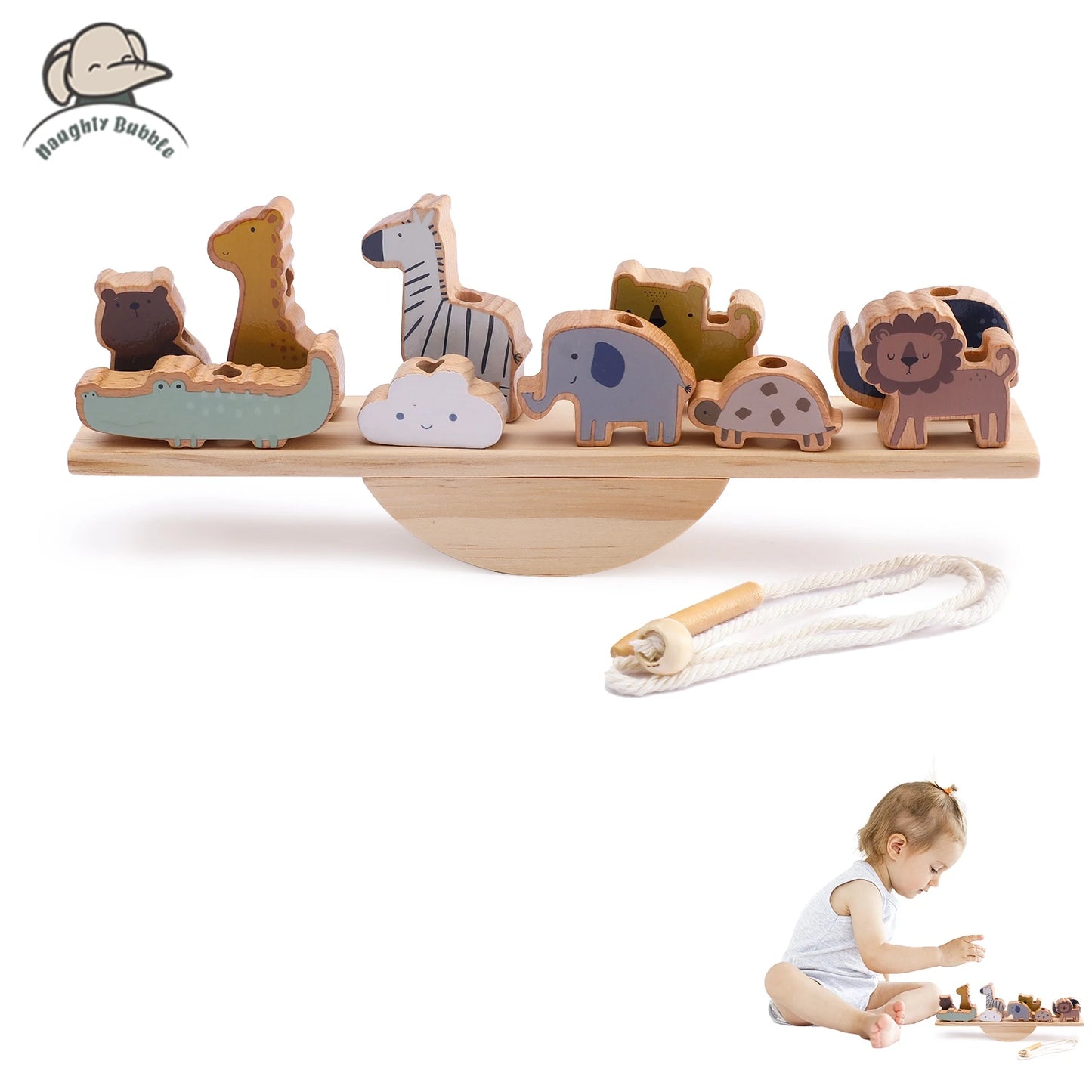 Wooden Balancing & Threading Toy Set – Animals, Shapes & Beads for Fine Motor Development