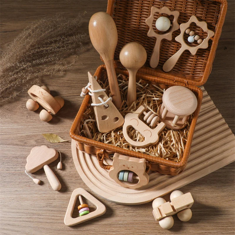 Wooden Baby Rattle Gift Set – Natural Sensory Toys for Infants