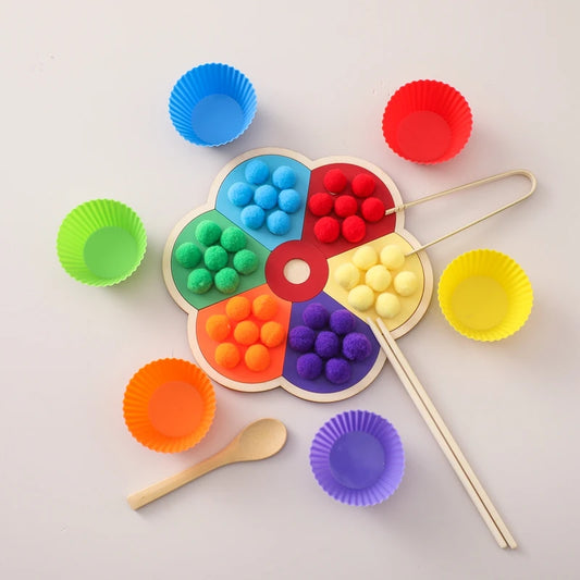 Wooden Rainbow Sorting Set – Color‑Matching Board, Tongs & Scooper